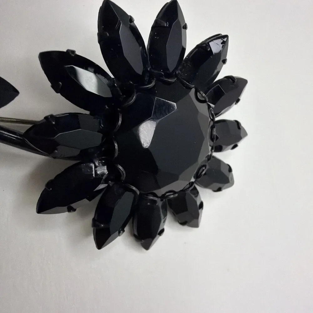 VTG MidCentury Black Rhinestone Flower Brooch Pin Open Back Japanned Daisy AS-IS